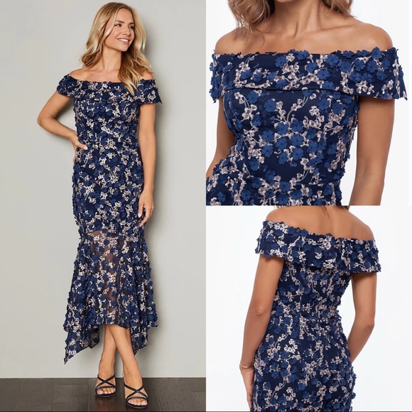 Xscape Dresses & Skirts - Xscape Navy Blue Off-the-Shoulder Floral Appliqué Midi